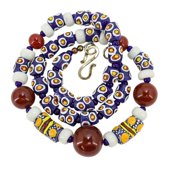 Boho Tribal Artisan Necklace Krobo Bead Carnelian Lapis Lazuli Jade Lampwork 21" - Picture 1 of 7